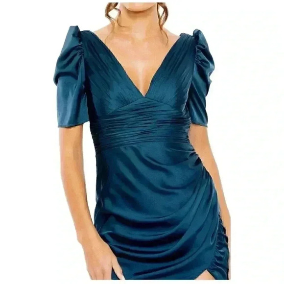 Mac Duggal NWT Ruched Satin Puff Sleeve Cocktail Mini Dress Ocean blue 4 - Picture 2 of 10